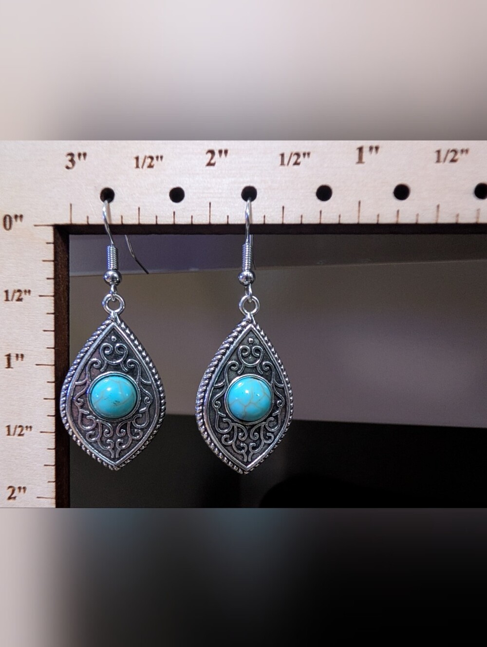 Turquoise Stone Teardrop Dangle Earrings in Silver-Tone